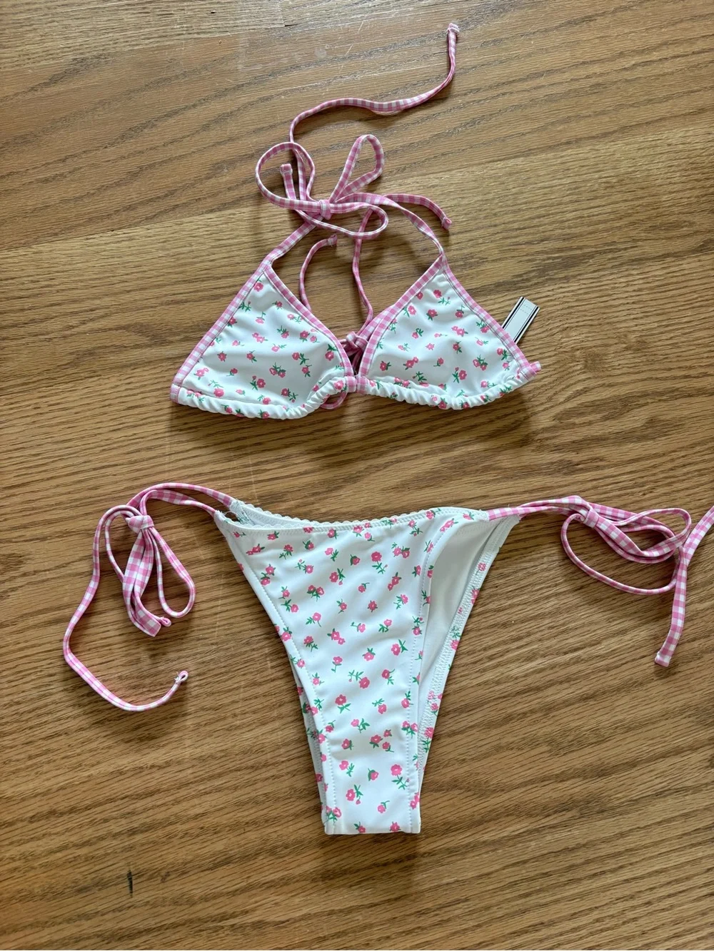 Frankie's Bikinis White Swim Top & Bottom with Pink Gingham Trim